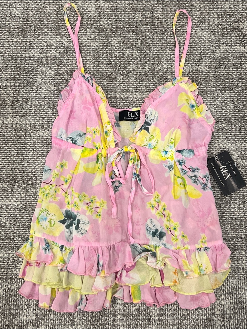 Pink Floral Tie-Front Ruffle Camisole Babydoll Top